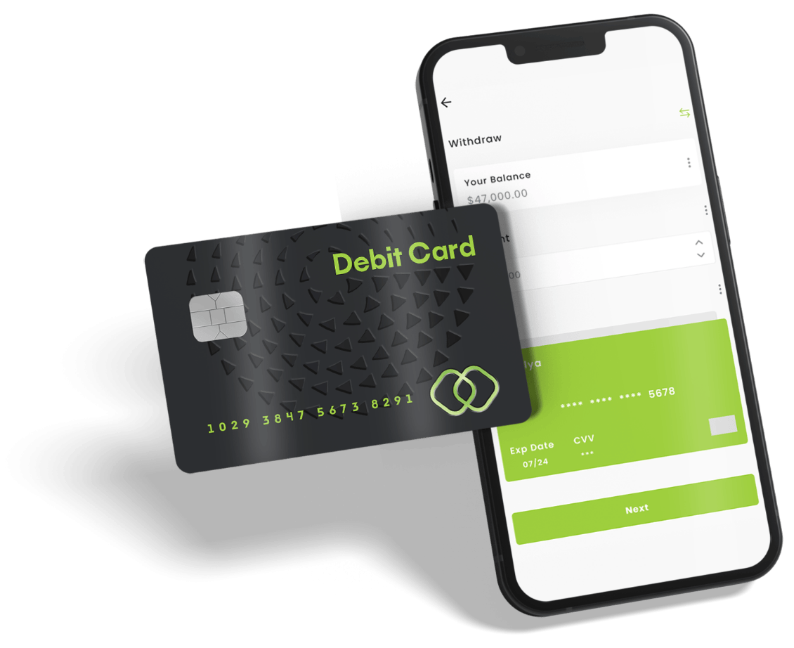 Kartu debit dan aplikasi penarikan dana di smartphone