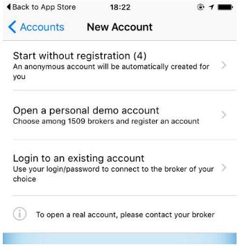 Pilihan akun MetaTrader di iOS