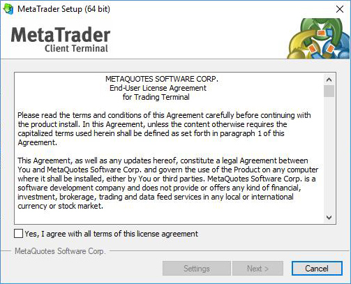 Jendela persetujuan lisensi instalasi MetaTrader 5