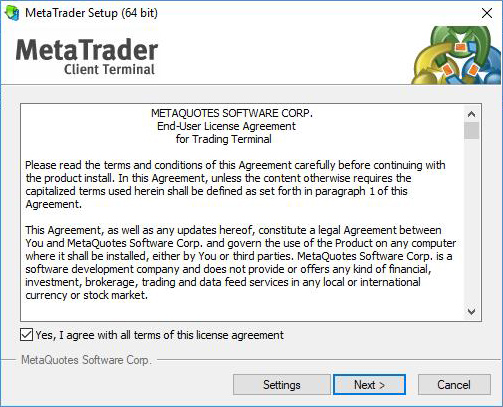 Persetujuan lisensi MetaTrader 5 yang sudah dicentang
