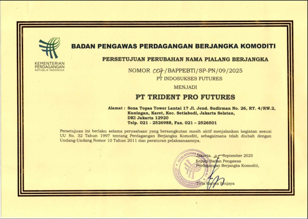 Persetujuan perubahan nama pialang berjangka dari Bappebti untuk PT Trident Pro Futures