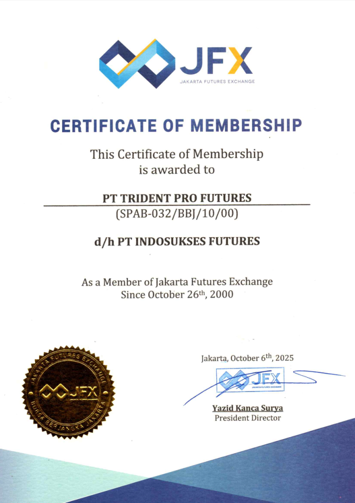 Sertifikat keanggotaan JFX PT Trident Pro Futures